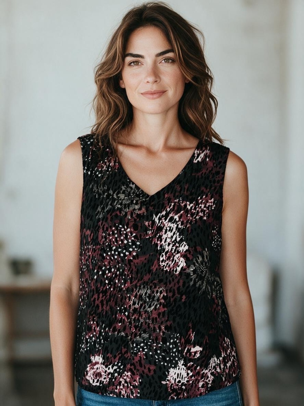 Christopher & Banks Floral-Print Velvet Burnout Blouse in Black and Burgundy